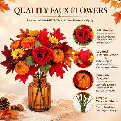 Aesthetic Fall Floral Stems for Thanksgiving Décor - Artificial Leaves for Centerpieces, Pumpkin, Sunflower, and Autumn Greenery for Home and Wedding Design (Set of 4)