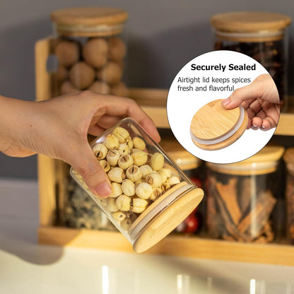 Versatile 2-Tier Bamboo Spice Rack and Pantry Organizer with 8 Glass Jars – Perfect for Countertop Storage in Kitchens to Keep Seasoning Containers Neatly Displayed and Easily Accessible