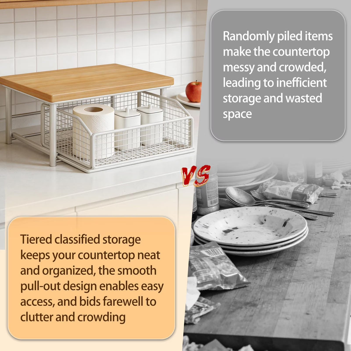 2-Tier Kitchen Countertop Organizer, 9.84X14.57Inch Hardwood Shelf with Drawer and Wire Basket, Space-Saving Storage Stand for Microwave, Coffee Maker, Spice Rack, Pantry Organization for Home